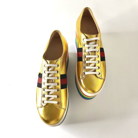 Gucci Peggy Rainbow Stripe Metallic Gold Platform Sneakers 39 - Picture 3 of 12